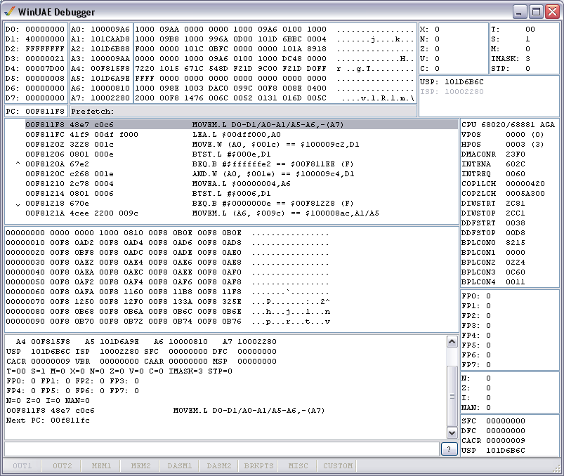 Окно дебаггера в WinUAE